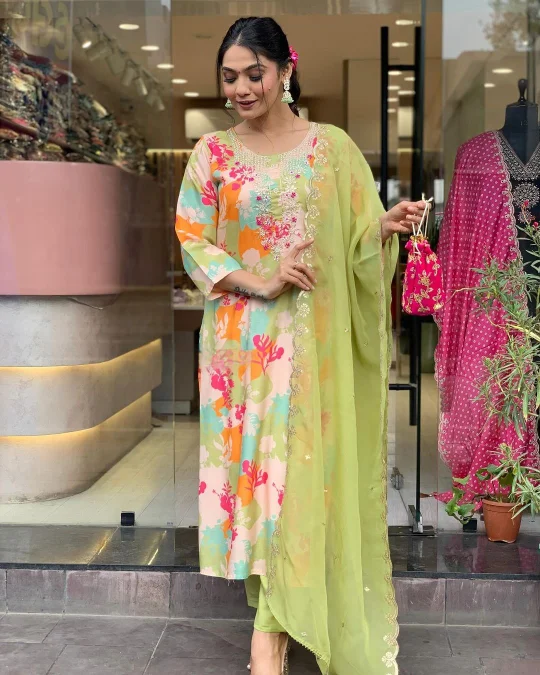 Women V Neck Embroidered Work Silk Fabric Kurta & Pant With Dupatta Set Comfortable Jogging Pants Women V Neck Embroidered Work Silk Fabric Kurta & Pant With Dupatta Set Comfortable Jogging Pants