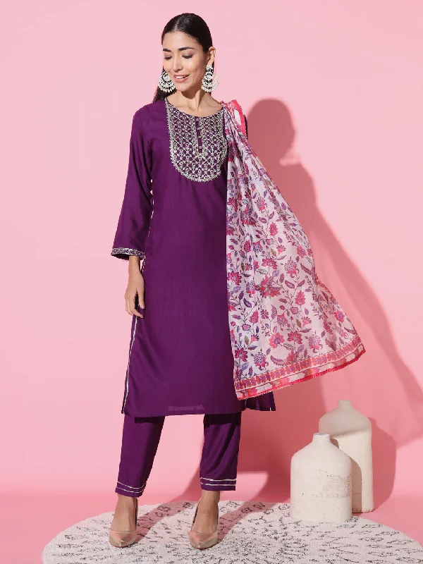 Women Round Neck Embroidered Work Rayon Slub Fabric Kurta & Pant With Dupatta Set Slim Fit Casual Pants Women Round Neck Embroidered Work Rayon Slub Fabric Kurta & Pant With Dupatta Set Slim Fit Casual Pants
