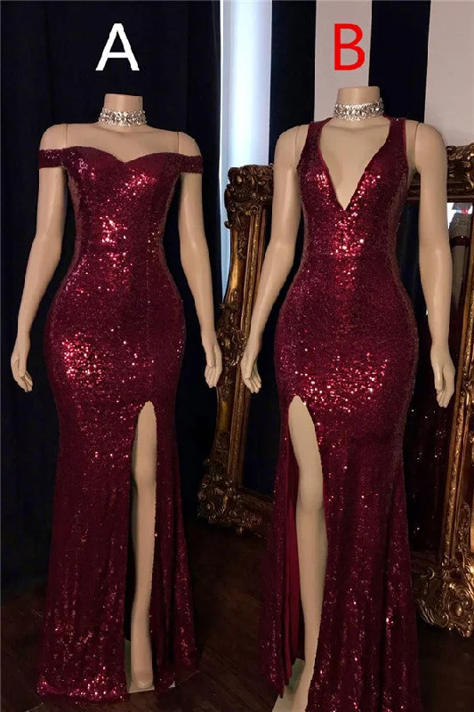 Long Mermaid Burgundy Sequin Prom Dresses Glitter Split Evening Gown empire Waist empire