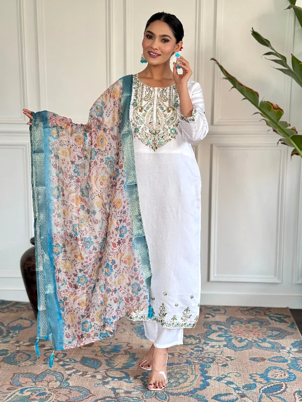 Women Round Neck Kalamkari Printed Work Chanderi Viscose Fabric Kurta & Pant With Dupatta Set Stylish Slim Trousers