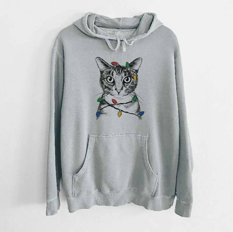 Christmas Lights Hobbes the Tabby Cat - Unisex Pigment Dyed Hoodie Hoodie with Sequins Glamorous Eye-catching