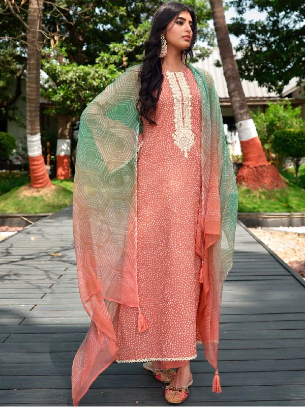 Pure Lawn Cotton Unstitched Women Suit Dress Material Peach Tunics Satin smooth
