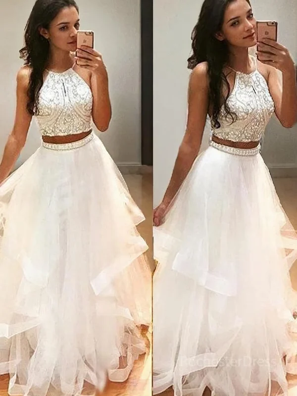 A-Line/Princess Halter Floor-Length Tulle Evening Dresses Floral Print girly