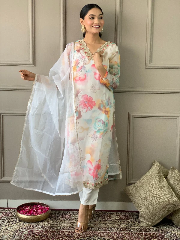 Women V Neck Embroidered Work Organza Fabric Kurta & Pant With Dupatta Set Trendy Printed Pants Women V Neck Embroidered Work Organza Fabric Kurta & Pant With Dupatta Set Trendy Printed Pants