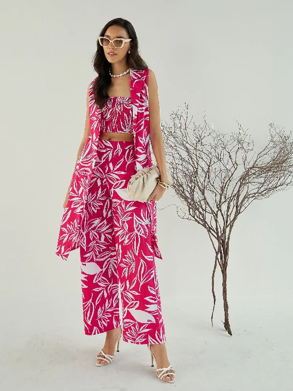 Women Fuchsia & White Floral Bustier, Pant & Shrug Stretch Fit Pants