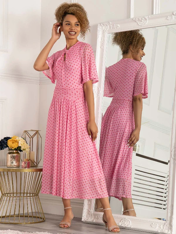 Jolie Moi Danika Keyhole Neck Mesh Dress, Pink Polka Tunics Denim casual