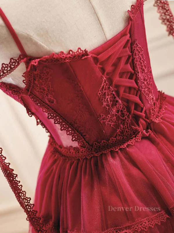 Burgundy A-Line Tulle Lace Short Prom Dress, Burgundy Homecoming Dresses Tunics Evening elegant Burgundy A-Line Tulle Lace Short Prom Dress, Burgundy Homecoming Dresses Tunics Evening elegant