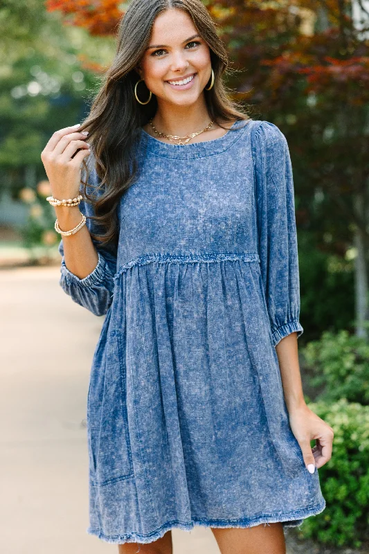 Taking It Easy Navy Blue Babydoll Dress Turtleneck Warm Winter