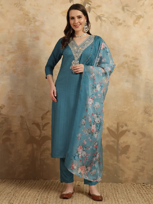Women V Neck Embroidered Work Viscose Rayon Fabric Kurta & Pant With Dupatta Set Trendy Printed Pants Women V Neck Embroidered Work Viscose Rayon Fabric Kurta & Pant With Dupatta Set Trendy Printed Pants