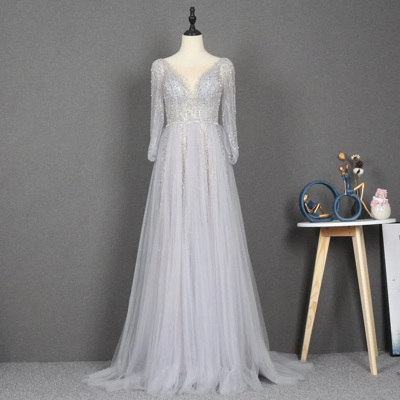 Amazing Long Gray Beading Prom Dresses Modest Evening Gowns Floral Print girly