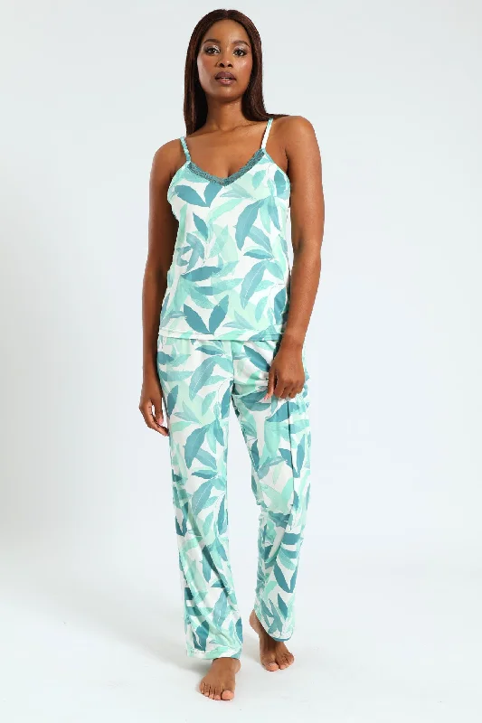 Soft Touch Leaves Cami & Pant Sleep Set - Green Casual Track Pants