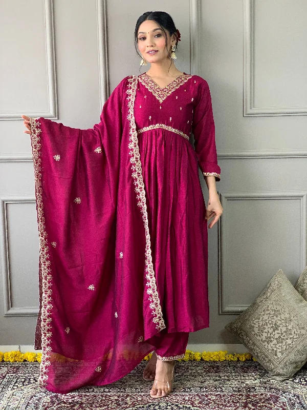 Women V Neck Embroidered Work Vichitra Silk Fabric Kurta & Pant With Dupatta Set Lightweight Jogger Pants Women V Neck Embroidered Work Vichitra Silk Fabric Kurta & Pant With Dupatta Set Lightweight Jogger Pants