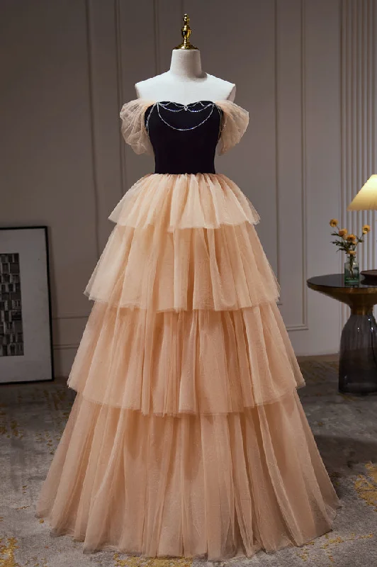 Champagne Off The Shoulder Evening Gown A Line Tulle Long Prom Dresses Tunics Stylish elegant Champagne Off The Shoulder Evening Gown A Line Tulle Long Prom Dresses Tunics Stylish elegant