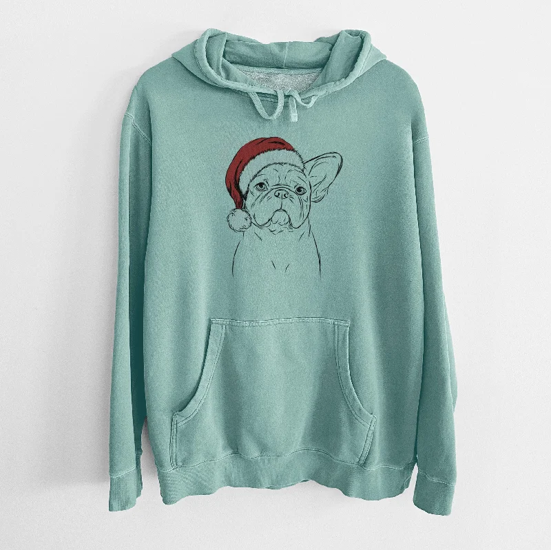 Santa Hat Pierre the French Bulldog - Unisex Pigment Dyed Hoodie Hoodie with Drop Shoulder Relaxed Streetwear