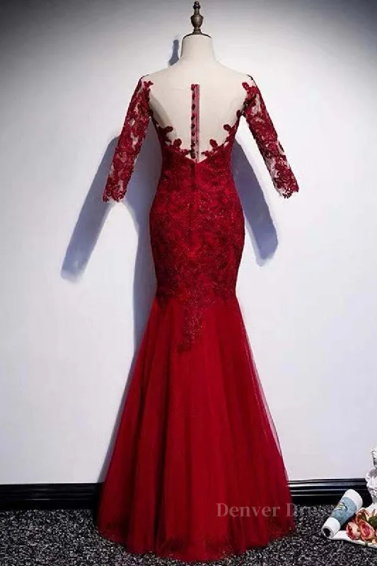 Round Neck Short Sleeves Mermaid Burgundy Lace Long Prom Dress, Mermaid Burgundy Lace Formal Dress, Wine Red Evening Dress Tunics Stylish elegant Round Neck Short Sleeves Mermaid Burgundy Lace Long Prom Dress, Mermaid Burgundy Lace Formal Dress, Wine Red Evening Dress Tunics Stylish elegant