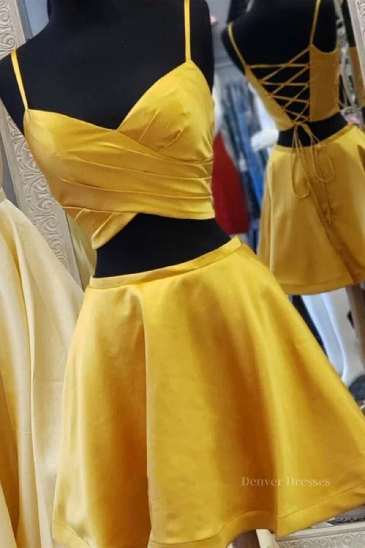Two Pieces Short Yellow Prom Dresses, Short Yellow 2 Pieces Formal Homecoming Dresses Shift Classic Vintage