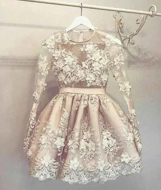 UNIQUE LONG SLEEVE CHAMPAGNE LACE SHORT PROM DRESS, LACE HOMECOMING DRESS WITH LONG SLEEVE Tunics Party sparkling UNIQUE LONG SLEEVE CHAMPAGNE LACE SHORT PROM DRESS, LACE HOMECOMING DRESS WITH LONG SLEEVE Tunics Party sparkling