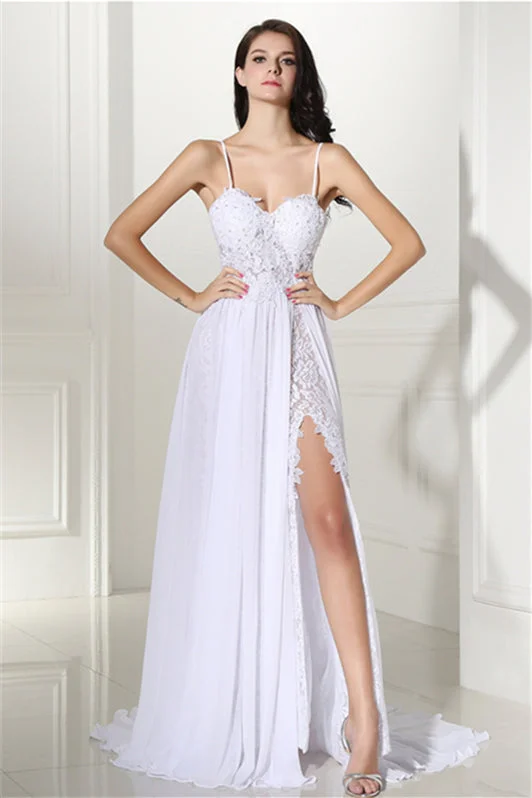 A-line White Evening Dresses Straps Chiffon Long Formal Dresses Tunics Polka dots