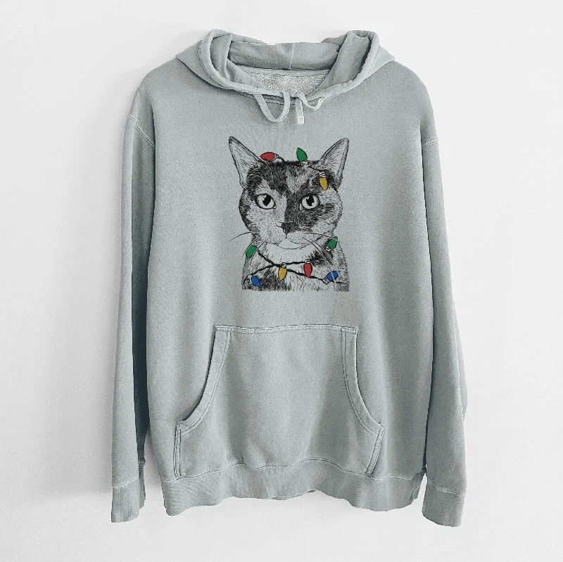 Christmas Lights Spooky Kitty the Tortoiseshell Cat - Unisex Pigment Dyed Hoodie Hoodie with Elastic Waist Stretchable Comfortable