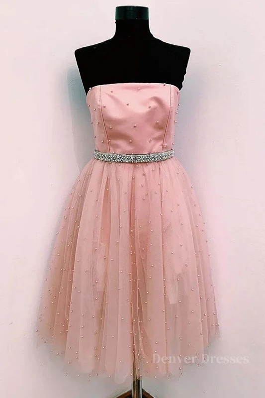 Cute A Line Strapless Beaded Pink Short Prom Dress Homecoming Dress, Strapless Pink Formal Graduation Evening Dress Crew Neckline Casual Cute A Line Strapless Beaded Pink Short Prom Dress Homecoming Dress, Strapless Pink Formal Graduation Evening Dress Crew Neckline Casual