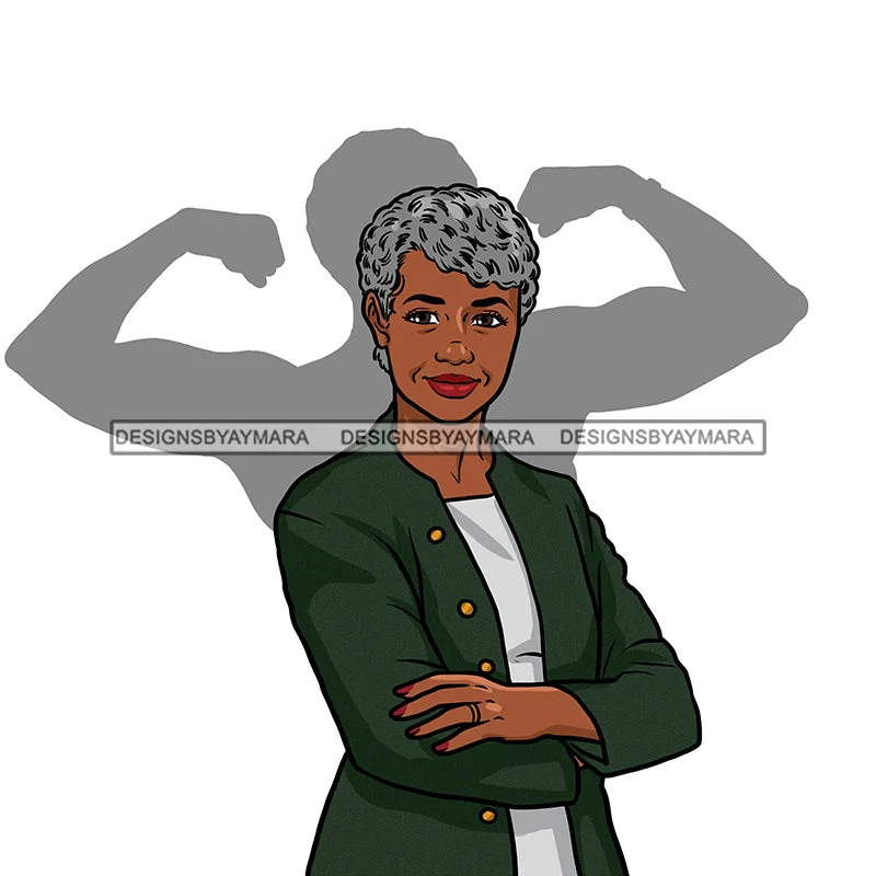 Classy Older Black Woman Senior Citizen Gray Hair Green Jacket Arms Folded Shadow Strong WomanSkillz JPG PNG  Clipart Cricut Silhouette Cut Cutting Front Pockets Side Pockets Patch Pockets
