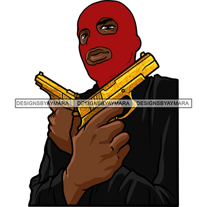 Black Man Standing Wearing Jacket Ski Mask Red Arm Tattoo Holding Golden Gold Pistol Gun Weapon Weapons Gangster Hustler Hustle Dope Street Gangster Bisep Nubian African American Boy SVG JPG PNG Vector Clipart Cricut Silhouette Cut Cutting Denim Fabric Leather Fabric Suede Fabric