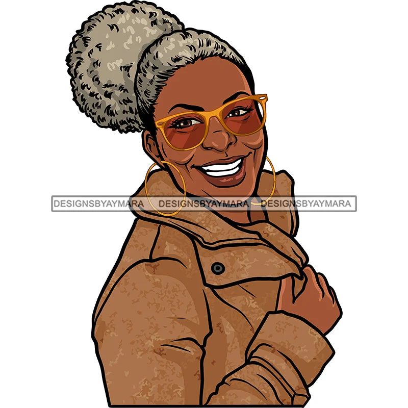 Smiling Old Woman Wearing Winter Coat Jacket Glasses Earrings Jewelry Hair Bun Seniors Grandma Older Lady Classy Mature Elderly Black Girl Magic Melanin Nubian African American Lady SVG JPG PNG Vector Clipart Cricut Silhouette Cut Cutting Striped Jacket Polka Dot Jacket Floral Jacket