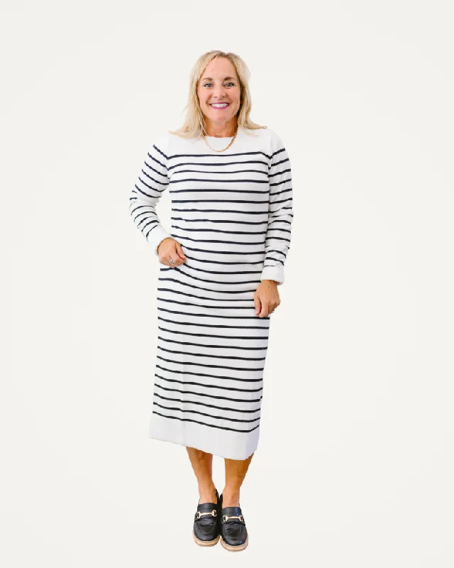 Striped Sweater Dress Toggled Drawstring Belted
