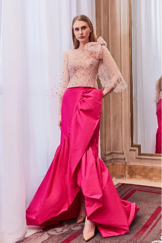 Bow shouldered pleated tulle top with ruffled skirt silk skirt sleek
