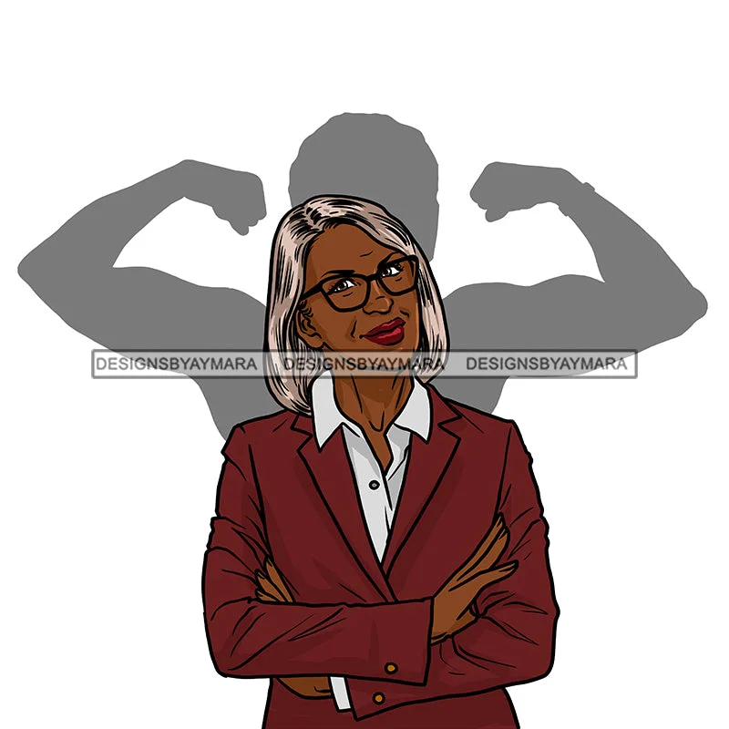 Black Woman Senior Citizen Granny Grandma Gray Hair Maroon Burgundy Jacket Eyeglasses Arms Crossed Strong Shadow Skillz JPG PNG  Clipart Cricut Silhouette Cut Cutting Boat Neck Shawl Collar Notched Collar