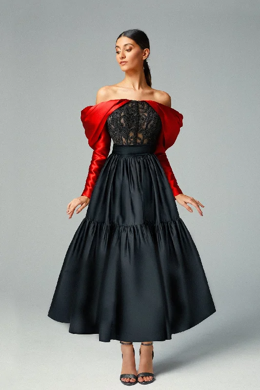 Embroidered off shoulder top with midi skirt denim skirt classic