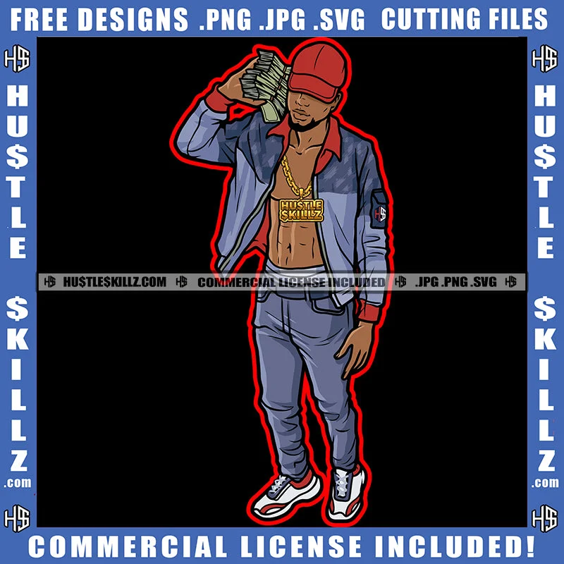 Black Man Holding Money Wearing Jean Jacket Jeans No Shirt Chain Stacks Cash Money Baseball Melanin Boy Standing Cap Hustler SVG JPG PNG Vector Clipart Cricut Cutting File Striped Jacket Polka Dot Jacket Floral Jacket