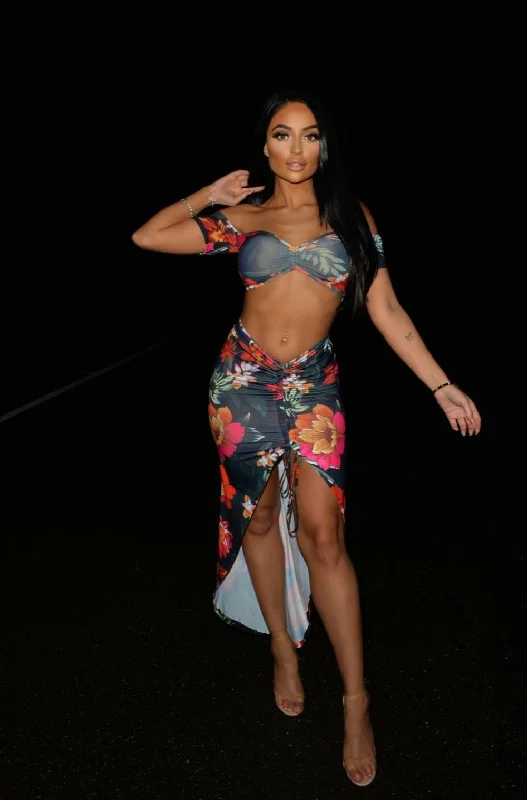 Obsession Black Floral Cropped Top Rauched Skirt Two Piece Co Ord Set wool skirt thick