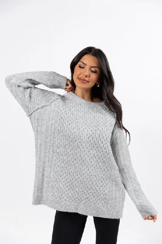 Cable Knit Cuddles Grey Oversized Crew Neck Sweater FINAL SALE Zippered Front Buttoned Front Snap Front Cable Knit Cuddles Grey Oversized Crew Neck Sweater FINAL SALE Zippered Front Buttoned Front Snap Front