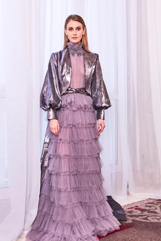 Jeweled neck tiered skirt gown with sequined cape leather skirt refined