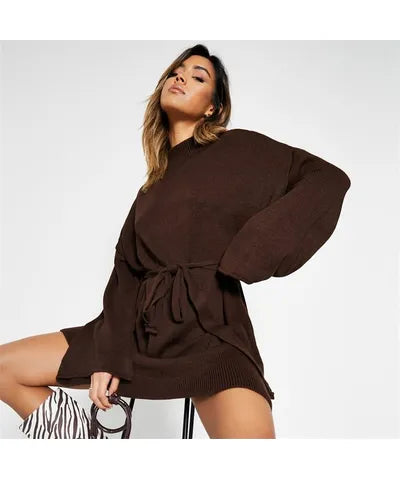 Funnel Neck Belted Sweater Dress Brown Terry Blend Velvet Blend Canvas Blend