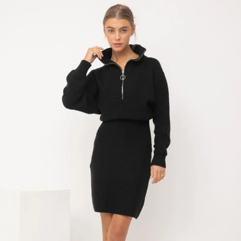 Half Zip Up Sweater Dress (Black) Hooded Sweater Collared Sweater Shawl Collar