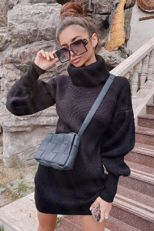 Bishop Sleeve Turtleneck Winter Sweater Mini Dress - Black Sweater Knitwear Pullover