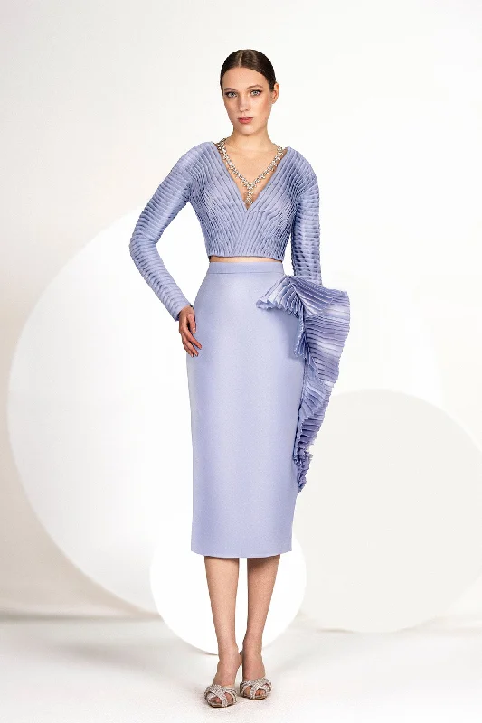 Crystals beaded pleated top with midi skirt cashmere skirt soft