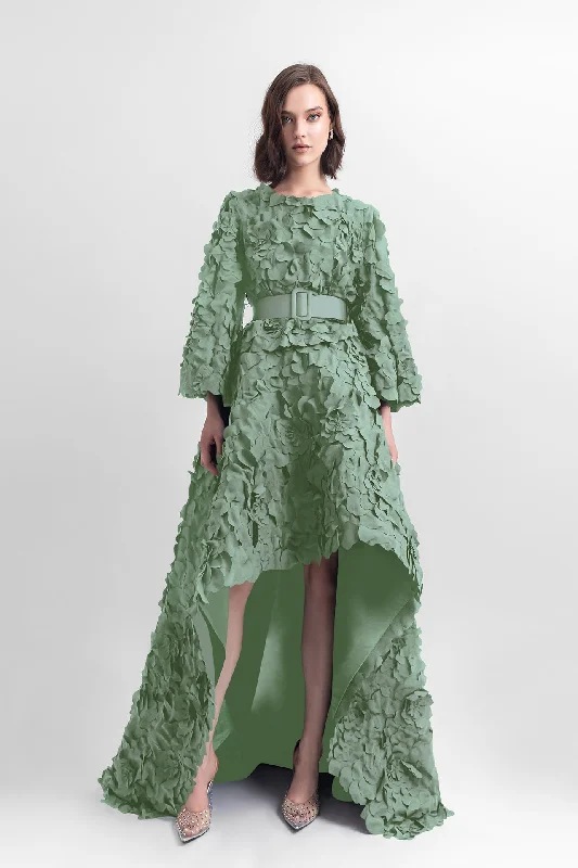 Laser-cut top with open-sleeve details, paired with a wide asymmetrical hemline laser-cut skirt and a detachable belt. lace skirt elegant