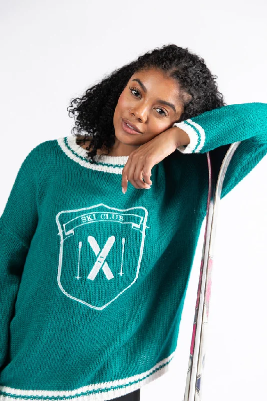 Ski Club Green and Ivory Embroidered Sweater FINAL SALE Real Fur Shearling Chenille