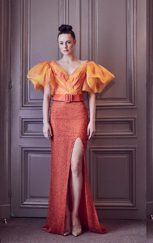 Short puff sleeves top with fitted high slit skirt corduroy skirt cozy