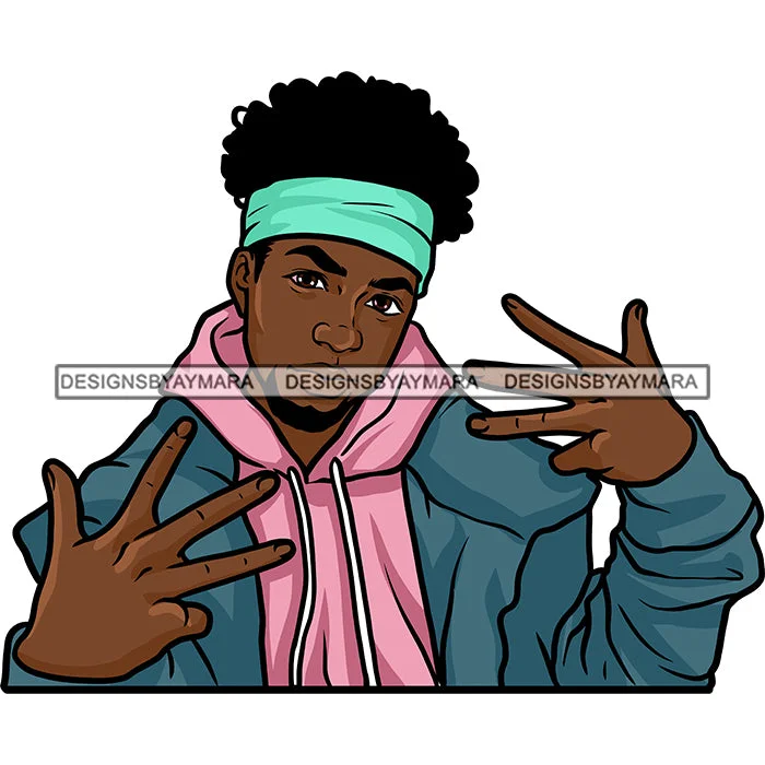 Black Beard Man Standing Wearing Pink Hoodie Blue Jacket Head Band Gangster Hustler Hustle Dope Street Gangster Bisep Nubian African American Boy SVG JPG PNG Vector Clipart Cricut Silhouette Cut Cutting Knit Fabric Woven Fabric Fleece Fabric