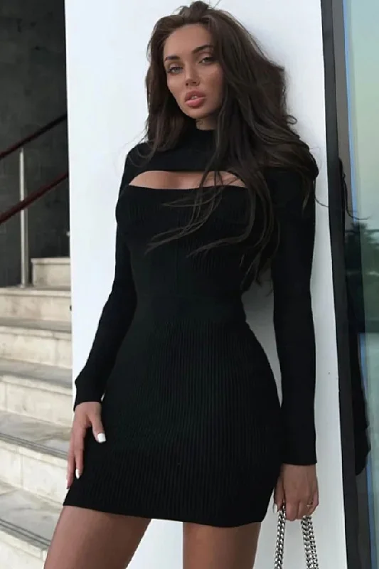 Sexy Mock Neck Cutout Ribbed Knit Long Sleeve Bodycon Sweater Mini Dress - Black Mesh Fabric Canvas Fabric Denim Fabric