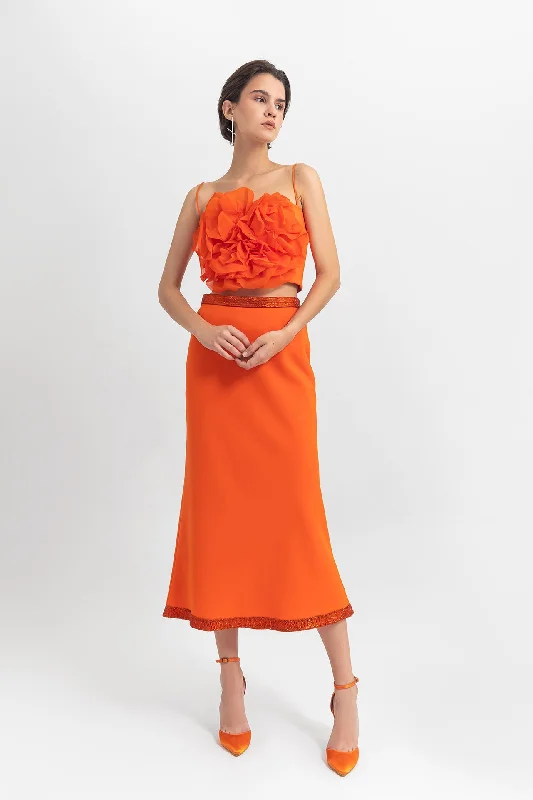 Floral detailed top with midi skirt linen skirt airy