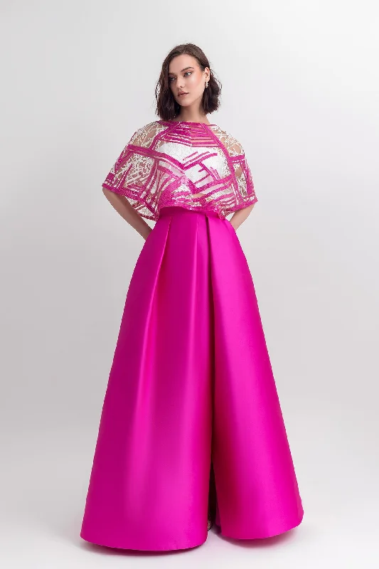 Cape-like sequins top, paired with a wide satin skirt with a slit on the side chiffon skirt lightweight
