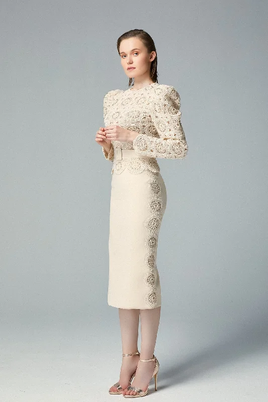 high neck lace top with midi skirt wrap skirt elegant