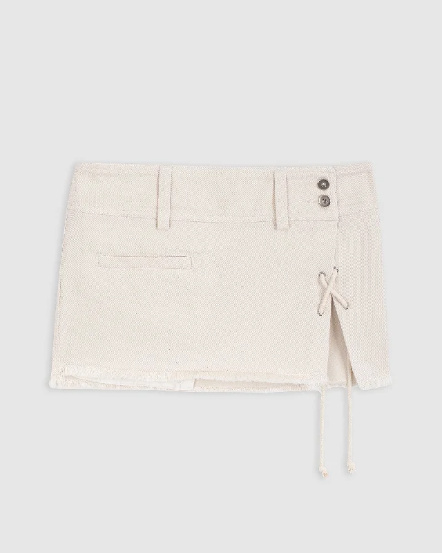 MILOS DENIM MINI SKIRT IN OFF-WHITE zip skirt side