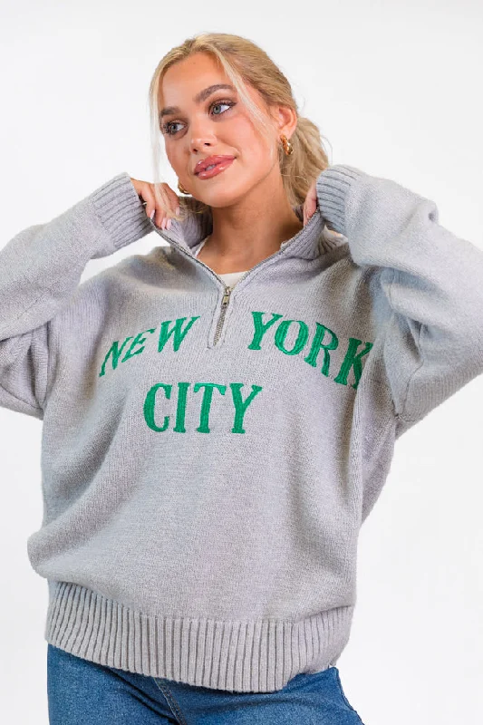 Roll With It Grey and Green New York Embroidered Quarter Zip Sweater FINAL SALE Thin Thick Dense Roll With It Grey and Green New York Embroidered Quarter Zip Sweater FINAL SALE Thin Thick Dense
