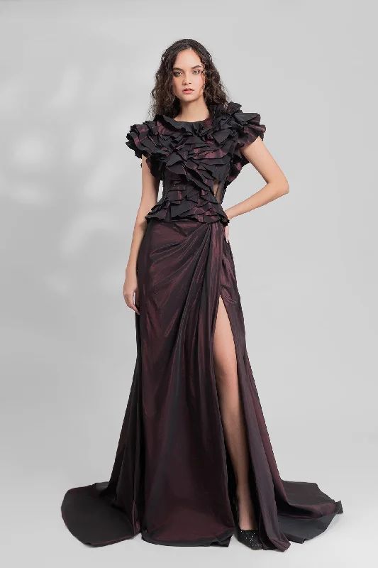 Laser cut taffeta top with skirt leather skirt sleek